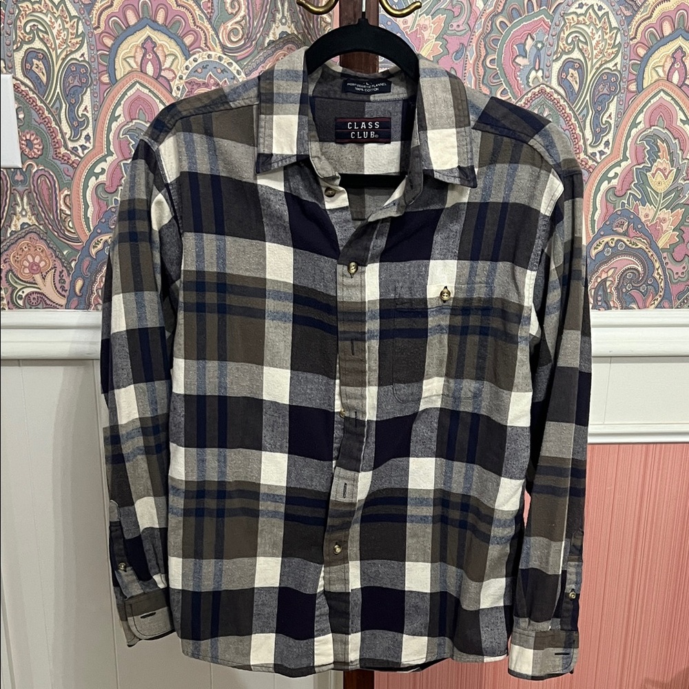 Class Club Men's Checkered Shirt - Navy, Hunter green, cream